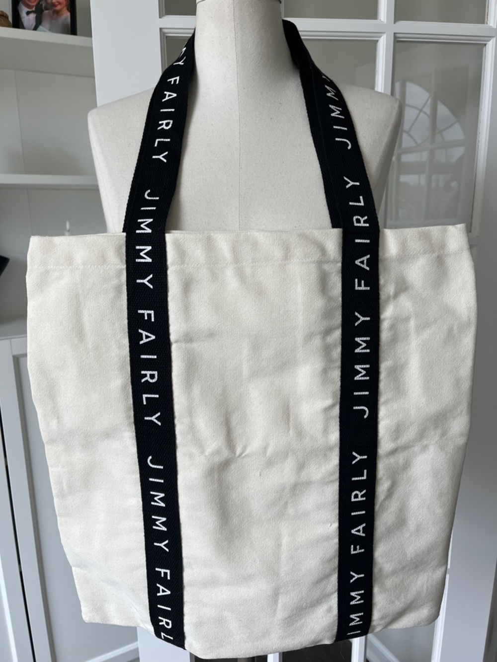SET OF 2 Jimmy Fairly Ivory Brown Black Canvas Tote Bag with Black Logo Straps - Picture 2 of 5